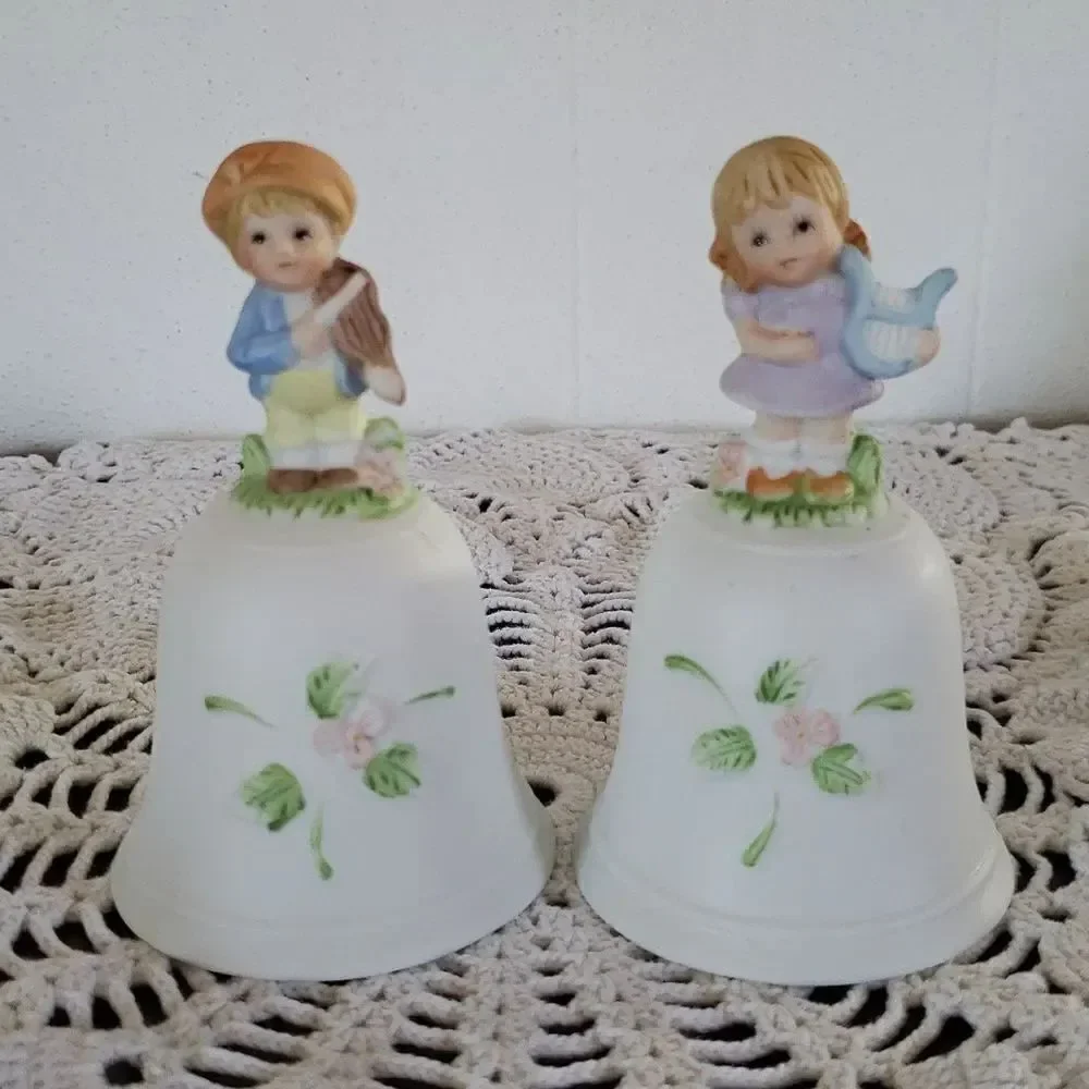 Cute Pair Vtg Homco Porcelain Bells Boy Girl Playing Instruments Floral Design